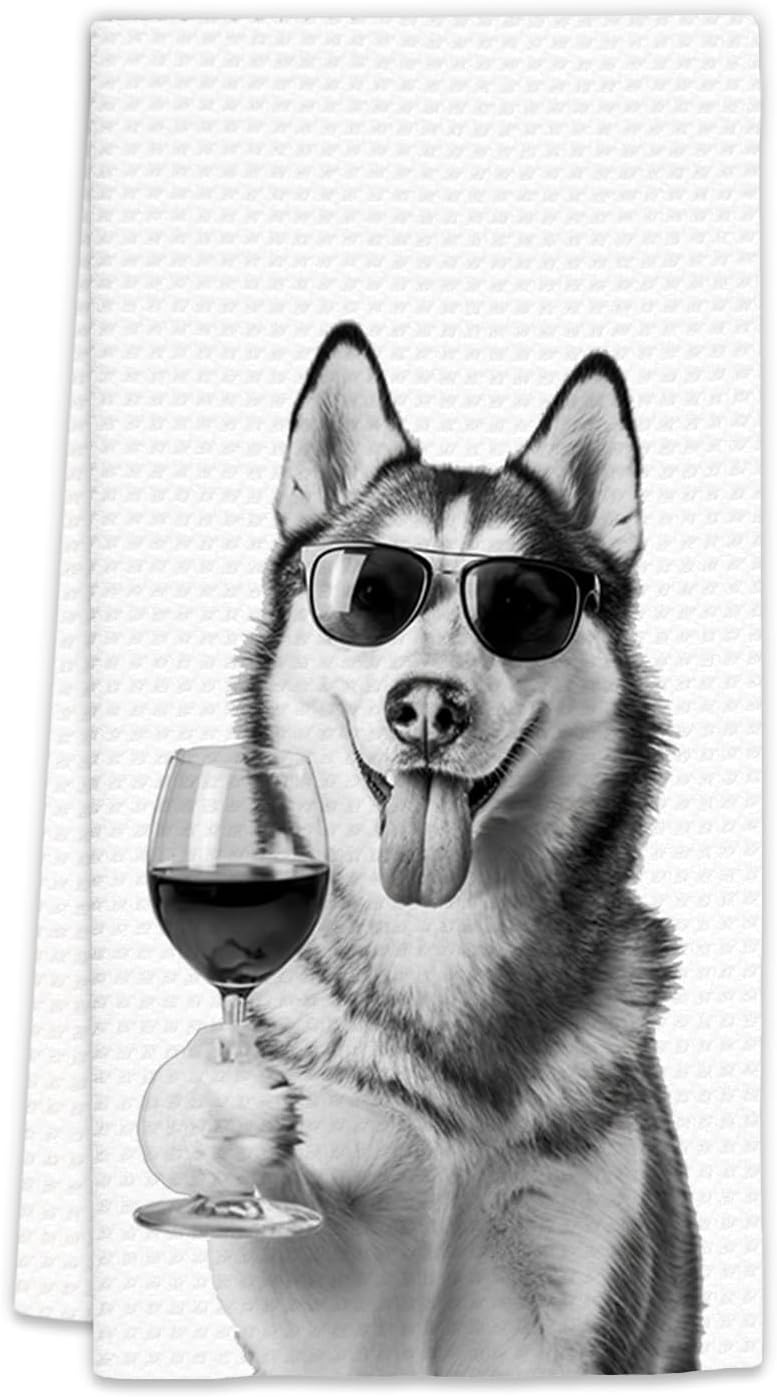 FIicy Husky Gifts Wine Dog Kitchen Towels, Gifts for Husky Dog Wine Lovers Decorative Hand Dish Towel for Kitchen Home Bar, Funny HuskyDog WineLover Home Bar Kitchens Decor(16x24 Inch) - Image 1